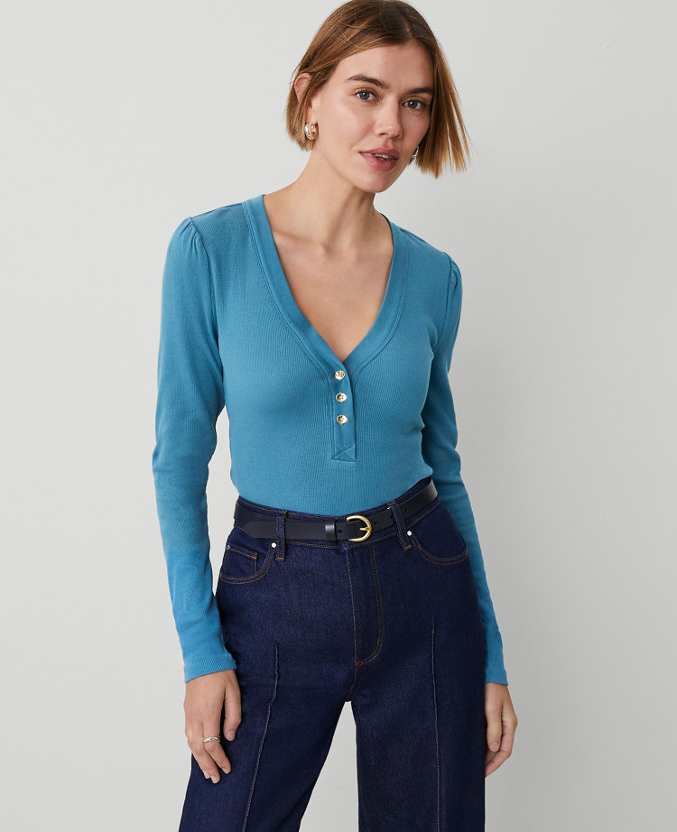 Petite Weekend Collection Puff Sleeve Henley Top