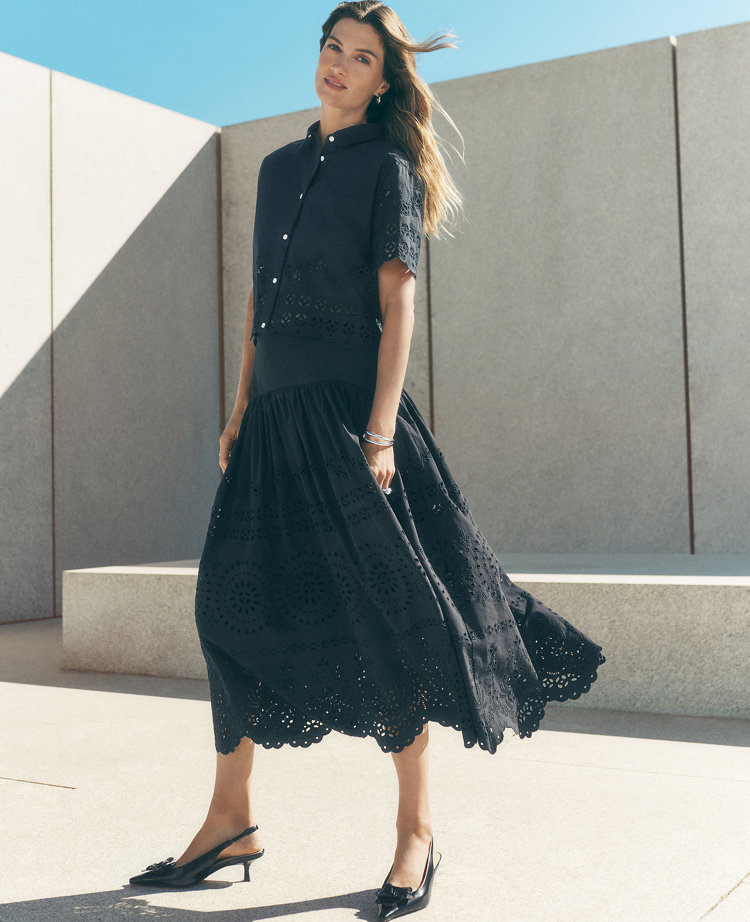 Eyelet Yoke Midi Skirt