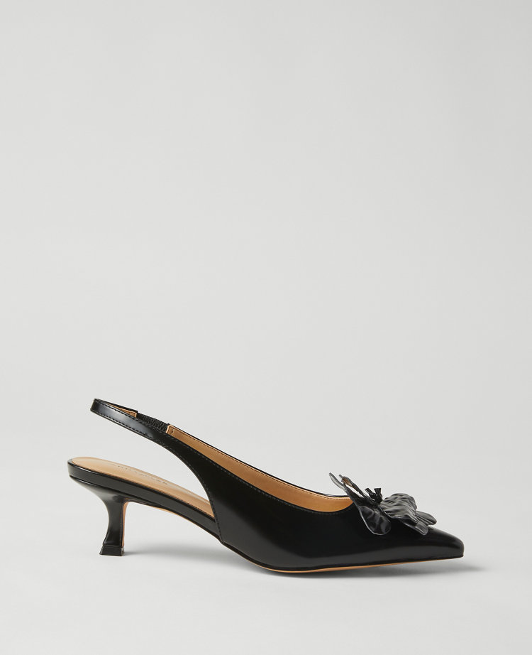 Floral Slingback Leather Kitten Heel Pumps