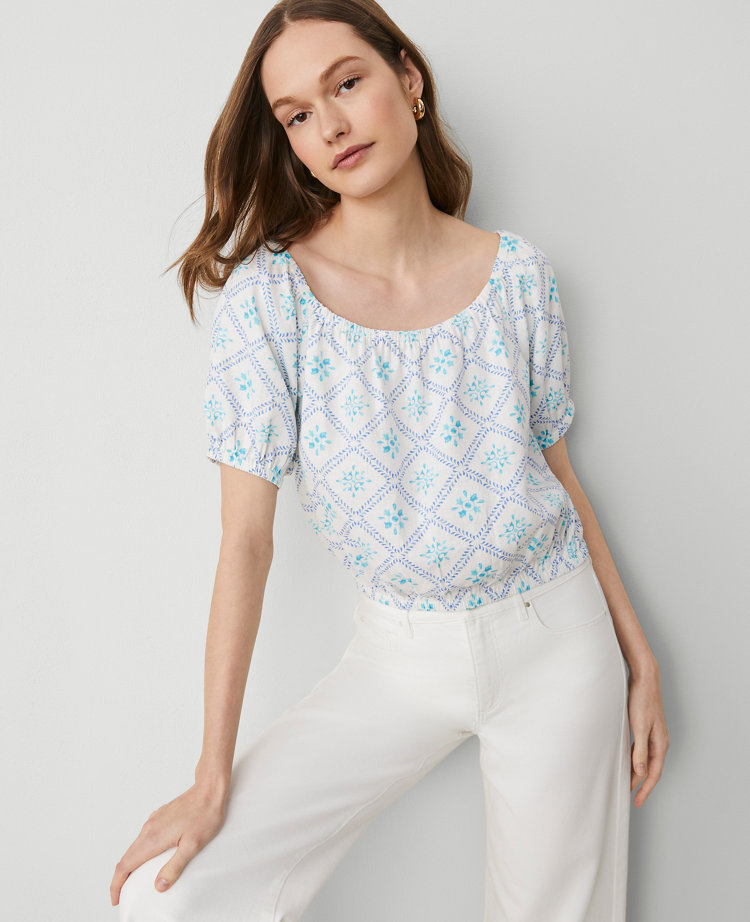 Tiled Linen Blend Bubble Hem Blouse