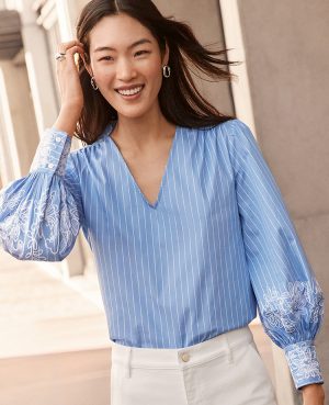 Tall Striped Embroidered V-Neck Popover