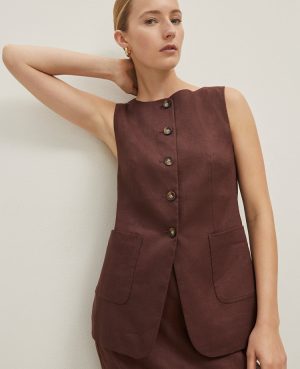 The Petite Long Crew Neck Vest in Linen Blend