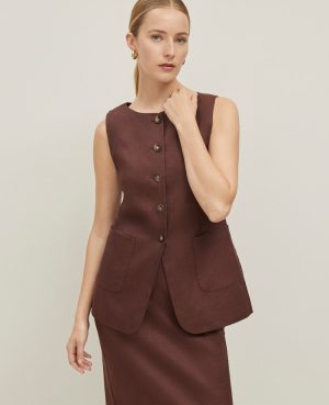 The Petite Long Crew Neck Vest in Linen Blend