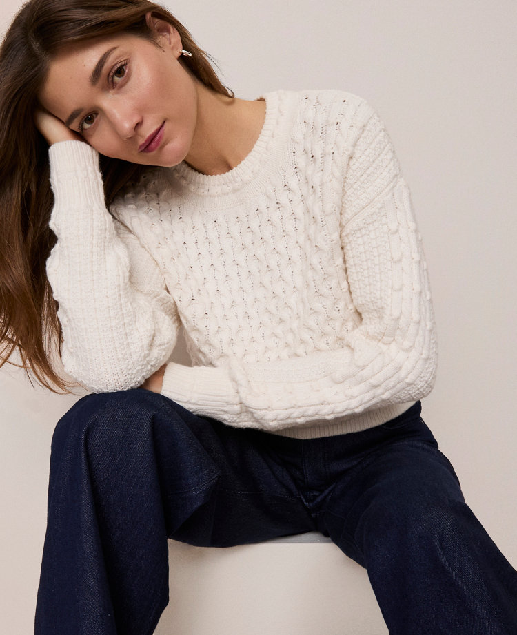 Weekend Collection Popcorn-Stitch Cable Sweater