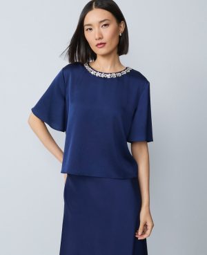 Petite Embellished Trim Satin Top