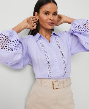 Tall Embroidered Linen Puff Sleeve Blouse