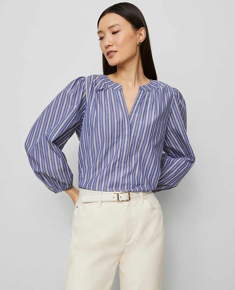 Petite Striped Puff Sleeve Blouse