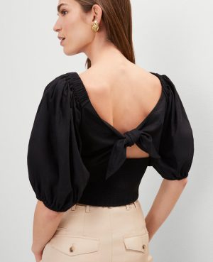 Petite Linen Blend Knotted Tie Back Blouse