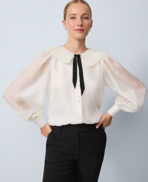 Pleated Collar Tie Neck Blouse