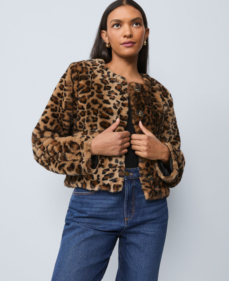 Petite Weekend Collection Faux Fur Animal Print Jacket