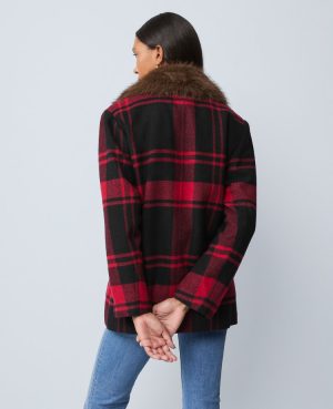 Weekend Collection Plaid Faux Fur Trimmed Peacoat
