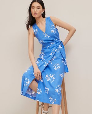 Petite Floral Linen Blend V-Neck Wrap Dress