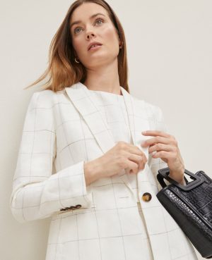 The Petite Fitted One Button Blazer in Windowpane Linen Blend