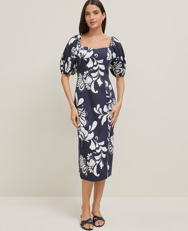 Petite Floral Puff Sleeve Midi Dress