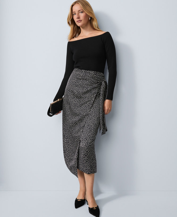 Petite Dotted Side-Tie Satin Midi Skirt